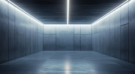 Empty modern industrial space lit by glowing lines