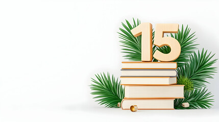Wooden 15 on books with tropical leaves