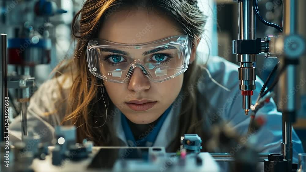 Poster within a bustling workshop, a determined female design engineer meticulously tests a prototype. surr