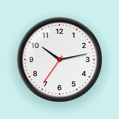 Wall clock with hands and white dial with numbers isolated on light background. Vector 3d illustration.