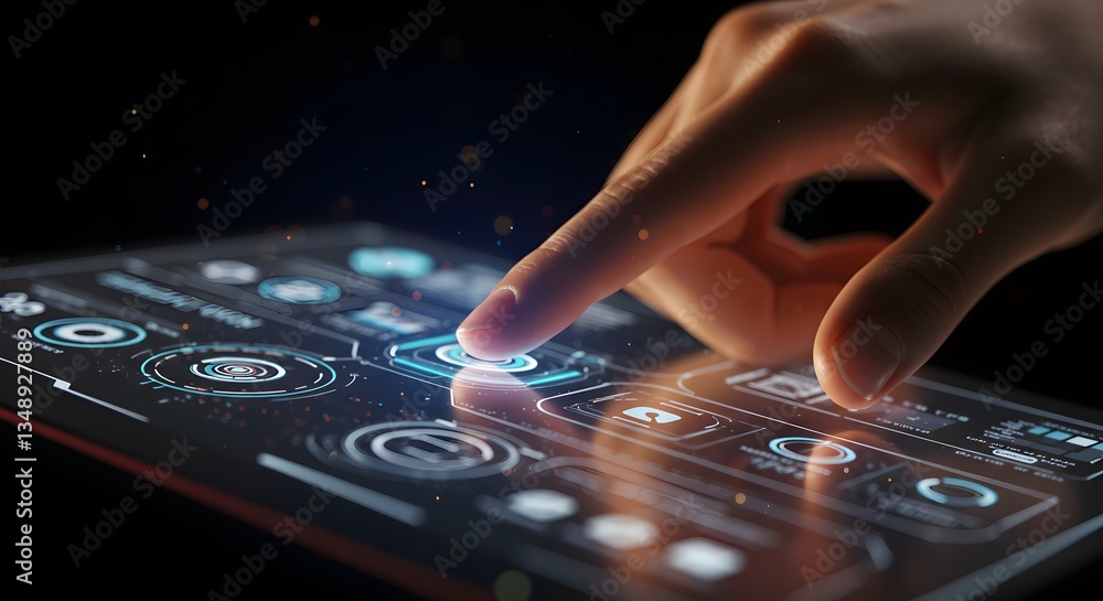 Poster closeup finger touching futuristic tablet screen glowing interface modern technology ui ux app web