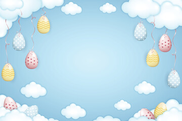 Happy Easter frame, Easter eggs tied with ribbons to the clouds on soft blue background with fluffy clouds, vector eazy to edit illustration