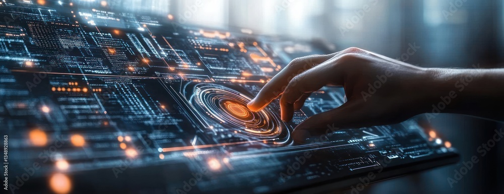 Poster futuristic cyber interface with digital holographic control panel and software engineering in techno