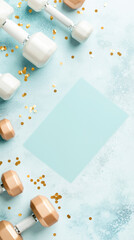 Elegant flat lay composition featuring white and gold dumbbells with confetti on a pastel blue background.
