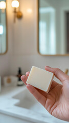 A person holds a white bar of soap in a modern bathroom with a marble sink and warm lighting.