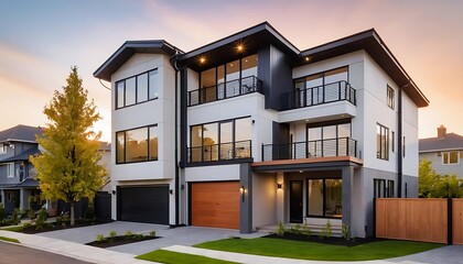 Fototapeta premium Close up photo of modern residential townhouse, luxury architectural style house exterior