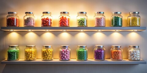 Illuminated shelving displays an assortment of colorful, spherical candies and decorative beads in glass jars.