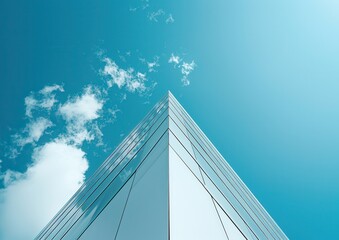Modern building reaching for the sky, reflecting clouds.