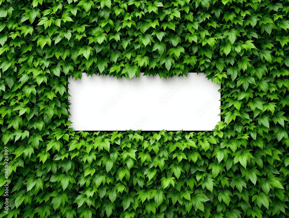 Poster white empty frame embedded in dense green ivy leaves, creating a fresh natural background. ideal for