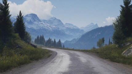 Fototapeta premium A winding dirt road leads through a scenic mountainous landscape under a clear blue sky.