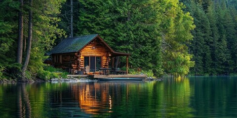 Charming wooden cabin surrounded by lush forest and calm water.
