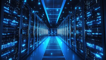 Futuristic server room, lit by glowing blue lights.  Detailed view of server racks