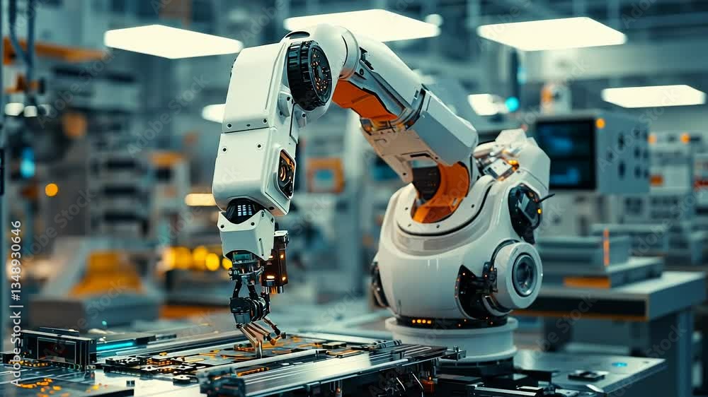 Fototapete Inside a cutting-edge CNC workshop, robotic arms efficiently handle intricate tasks.