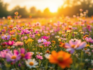 Colorful wildflowers in a sunlit meadow with a dreamy atmosphere, soft focus on petals, creating a warm and peaceful creative background. Ai generative