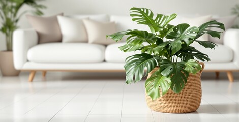 Lush monstera plant in woven basket on white floor, modern sofa with cushions in background. Stylish home decor, fresh interior aesthetic. Ai generative