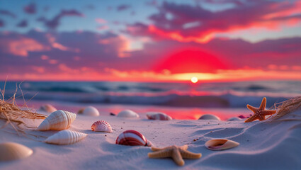 sunset at sea, sunset on the ocean, sunset on the beach, shells on the beach, sand, starfish on the sand, beach at sunset