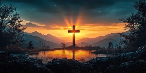The Glowing Cross at Sunset Symbolizing Faith and Hope in Christianity