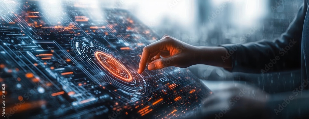 Poster futuristic cyber interface with holographic control panel and digital interaction