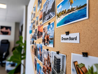 Fototapeta premium Close-up angled shot of a dream board labeled Dream Board with travel and finance goals
