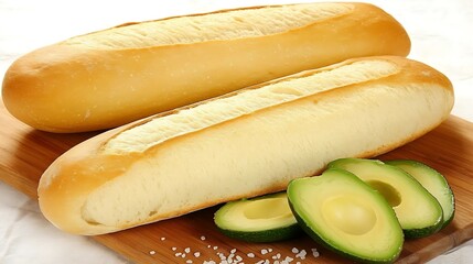 Two loaves of bread alongside sliced fresh avocado on a board