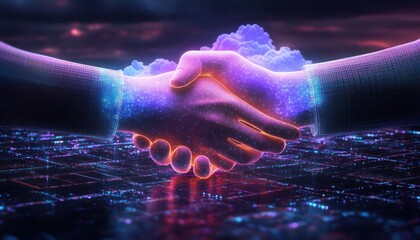Fototapeta premium Futuristic Handshake Business Partnership with Holographic Technology and Digital Cloud