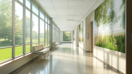 Modern hospital corridor with natural light