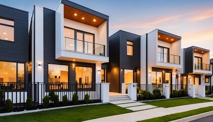 Obraz premium Close up photo of modern residential townhouse, luxury architectural style house exterior