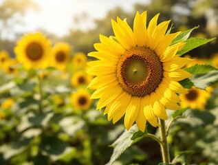 Obraz premium Close-up of a sunflower with vibrant yellow petals and green leaves, set against a blurred background of a sunflower field under sunlight. Ai generative