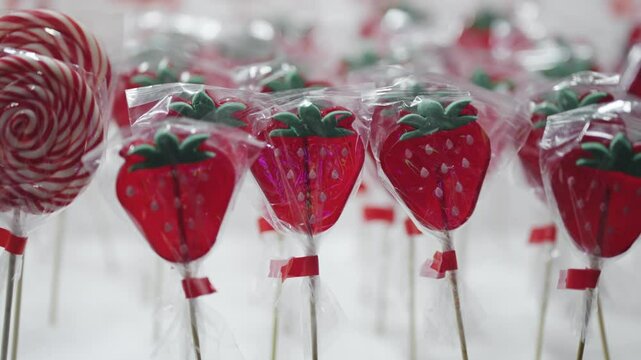 Close-up of strawberry-shaped lollipops at a festive candy market display