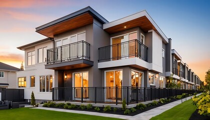 Obraz premium Close up photo of modern residential townhouse, luxury architectural style house exterior