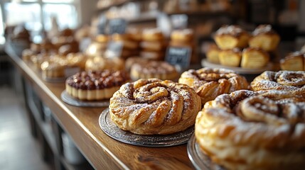 Flaky puff pastry twists cinnamon and sugar topping freshly baked and displayed on a bakery counter surrounded by various pastries in a cozy bakery shop