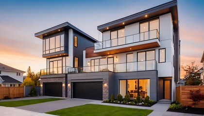 Fototapeta premium Close up photo of modern residential townhouse, luxury architectural style house exterior