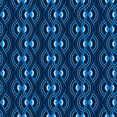 Geometric monochrome blue seamless pattern. Zigzag lace ornament of semicircles and angles. Expressive geometric shapes on dark background. Concentric arcs made from small circles.