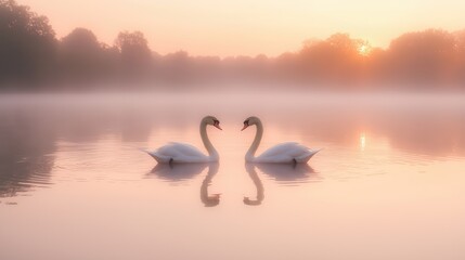 Naklejka premium Symmetrical swans create heart reflections on a misty lake at dawn