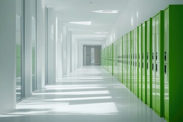 Empty school hallway, bright and modern