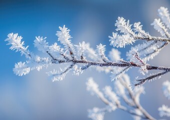 Obraz premium Winter wonderland: Frosty branches against a clear blue sky.