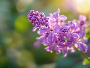Obraz premium Purple lilac flowers blooming in sunlight with a soft-focus green and golden background. A creative floral wallpaper capturing nature’s beauty. Ai generative