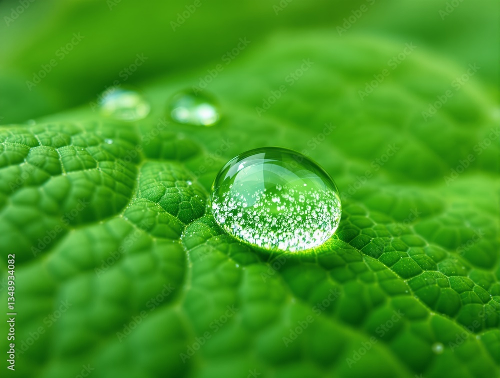 Poster close-up of transparent water droplets on a vibrant green leaf with intricate texture. natural backg