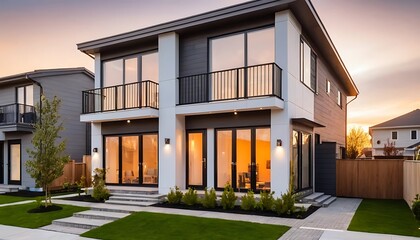 Obraz premium Close up photo of modern residential townhouse, luxury architectural style house exterior