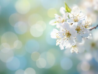 White cherry blossoms in bloom with a soft-focus bokeh effect on a pastel-colored background. Concept of spring, nature, and floral beauty. Ai generative