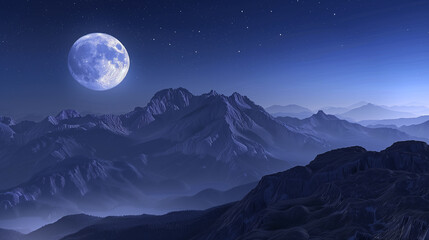 A bright full moon lights up soft clouds floating above towering mountains under a calm night sky.