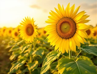Obraz premium Close-up of a vibrant sunflower in a field under a warm sunset sky. The golden petals contrast with the green leaves, creating a serene nature background. Ai generative