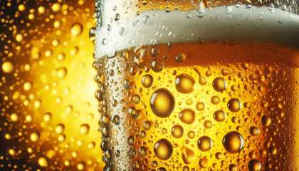 Beer drink close up, water drop background, water drop in a glass of cold beer with water droplets, the background is clear.