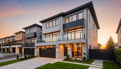 Obraz premium Close up photo of modern residential townhouse, luxury architectural style house exterior