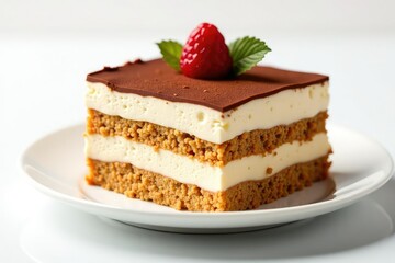 Classic tiramisu dessert, layers visible, isolated , photography, cocoa powder, studio shot