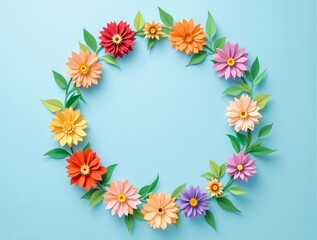 Circular arrangement of colorful paper flowers with green leaves on a light blue background. Creative and decorative floral wallpaper concept. Ai generative