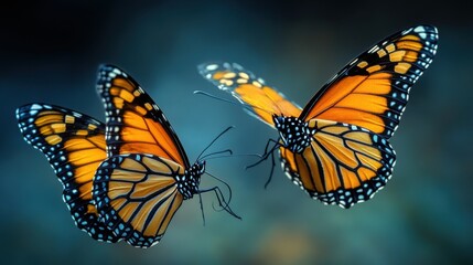 Fototapeta premium Butterflies illuminated by the soft glow of lanterns in a colorful, serene garden at dusk.