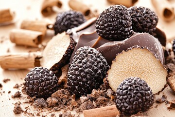 Chocolate truffle balls with crumbled truffle shavings on rustic wooden surface highlighting gourmet dessert with umami fusion flavors