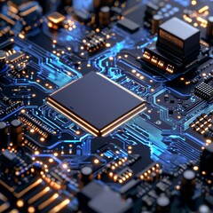 A close-up of a circuit board showcasing intricate patterns and components, illuminated by blue and orange lights.