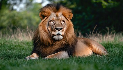 Obraz premium Majestic lion resting in grassy field